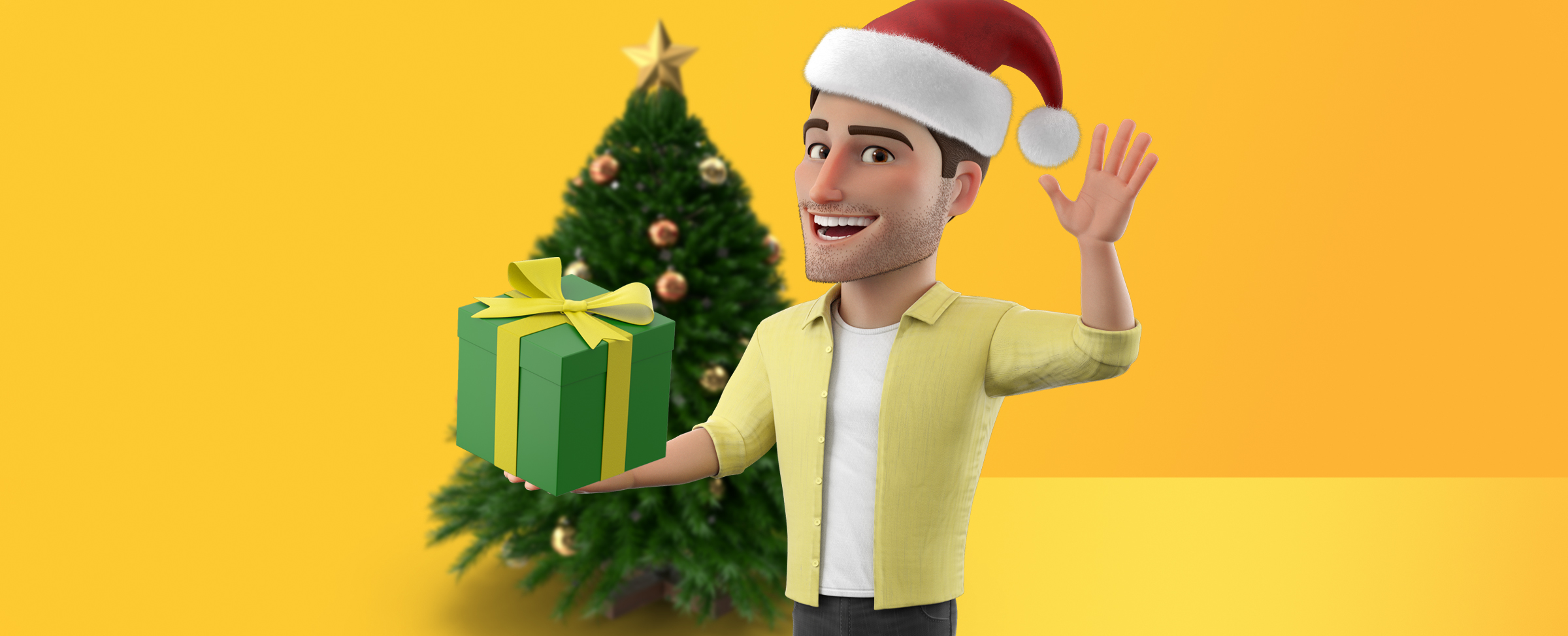 A male animated character wearing a Santa's hat is waving and holding a present in front of a Christmas tree. On a two-tone yellow background.