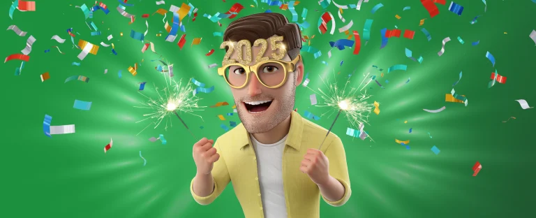 A male 3D animated character wearing party style ‘2025’ glasses features on a green background.