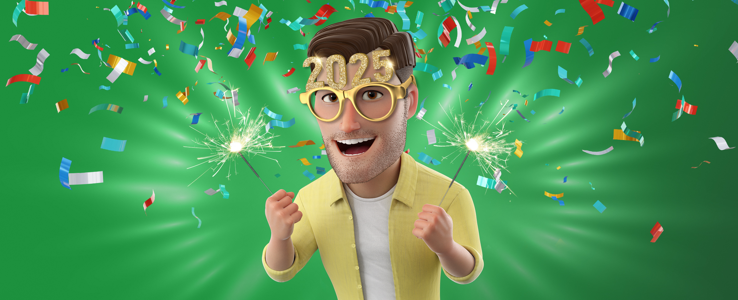 A male 3D animated character wearing party style ‘2025’ glasses features on a green background.