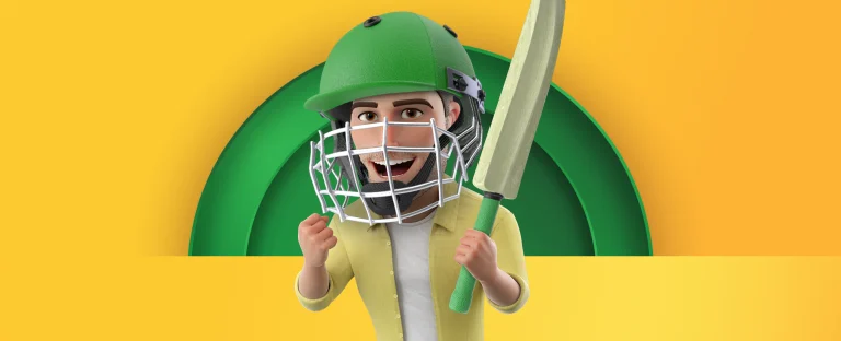 A 3D animated character dressed in a yellow shirt, green cricket helmet, and a protective grill is holding a cricket bat and making a victorious gesture. The background features a curved green semicircle shape on a yellow background.