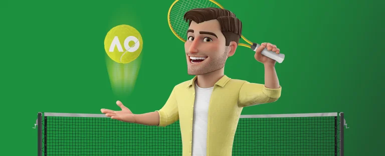 A 3D animated Joe Fortune character wearing a yellow shirt standing in front of a tennis net, holding a racket over his shoulder and tossing a tennis ball with the Australian Open (AO) logo. On a bright green background.