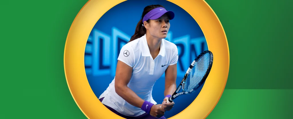 A tennis player, Li Na, wearing a white Nike shirt and purple cap is poised to hit a ball with her racket. The background shows the Australian Open court with blue tones. The image is framed by a yellow circular border on a bright green background.