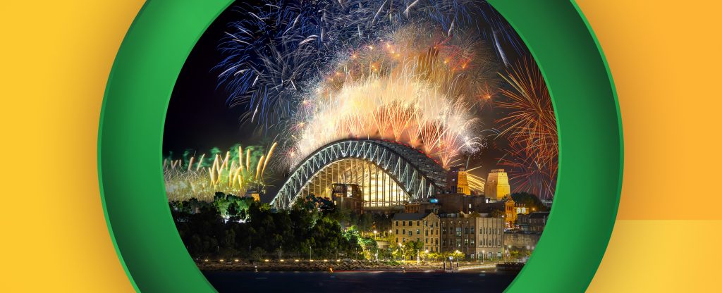 The Sydney Harbour Bridge New Year’s Eve Firework Display features on a yellow background.