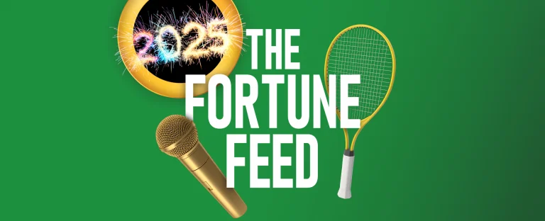 The year "2025" made of sparklers in a golden circular frame, a gold microphone and a yellow tennis racket. The title reads 'The Fortune Feed’ in the middle of a bright green background.