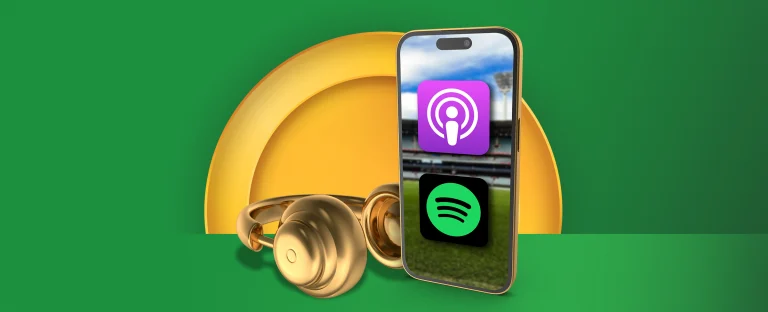 A logo for an iPhone with Spotify and Apple Podcasts logo on the home screen. Also golden Beats headphones with a green and yellow background.