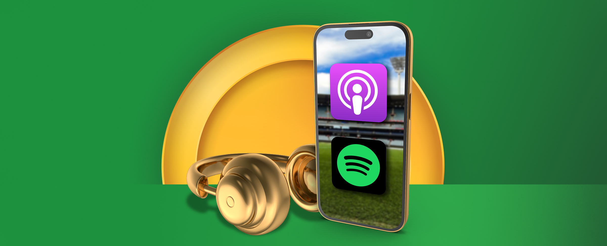 A logo for an iPhone with Spotify and Apple Podcasts logo on the home screen. Also golden Beats headphones with a green and yellow background.