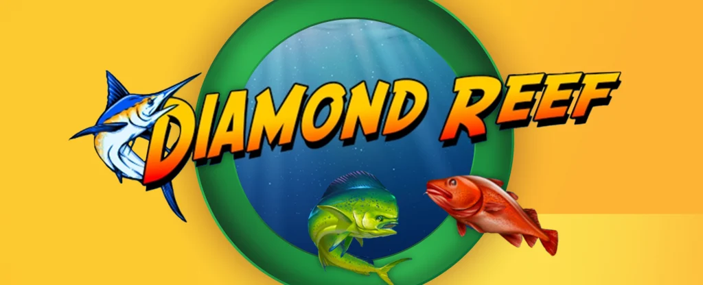 The logo for the Joe Fortune online casino pokie, Diamond Reef, features on a yellow background.