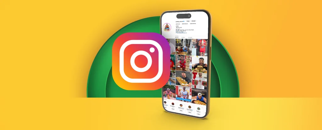 A smartphone displaying JWebby’s Instagram profile with posts of food and a large Instagram logo above it. The background is a gradient of yellow and green.