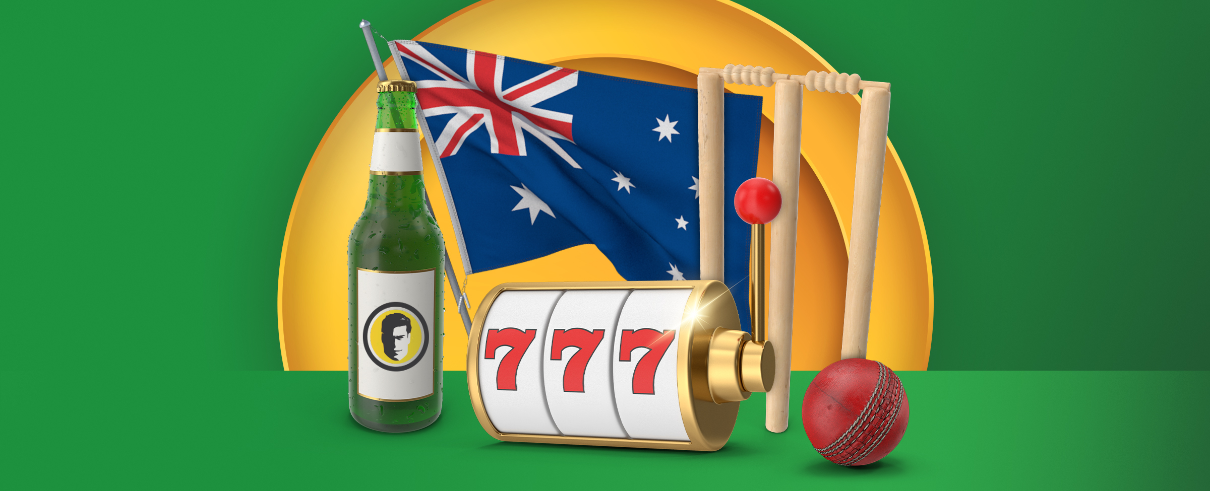 The Australian flag, a bottle of beer, cricket stumps & ball and a casino reel feature on a green background.