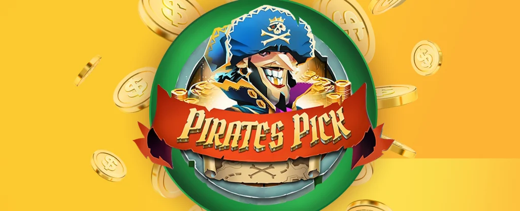 A pirate character with a blue hat and gold coins surrounding him is featured in the center of the image in a green circular frame. The text "Pirates Pick" is displayed on a red banner beneath the pirate. Gold coins are scattered around the image on a yellow background.