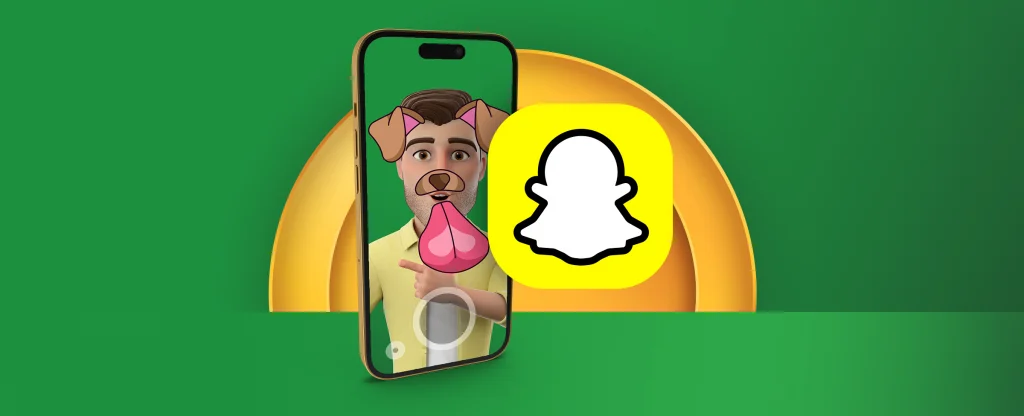 The Joe Fortune character with a dog filter holding a smartphone with the Snapchat logo on it. The background is green with a yellow half circle behind the phone.