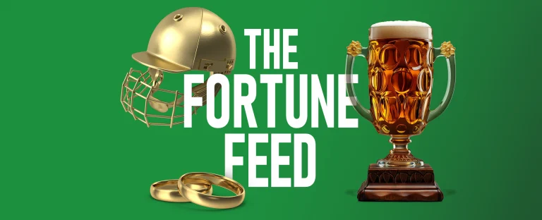 A golden cricket helmet, two gold wedding rings, and a large beer mug filled with frothy beer. The title reads 'The Fortune Feed’ in the middle of a bright green background.