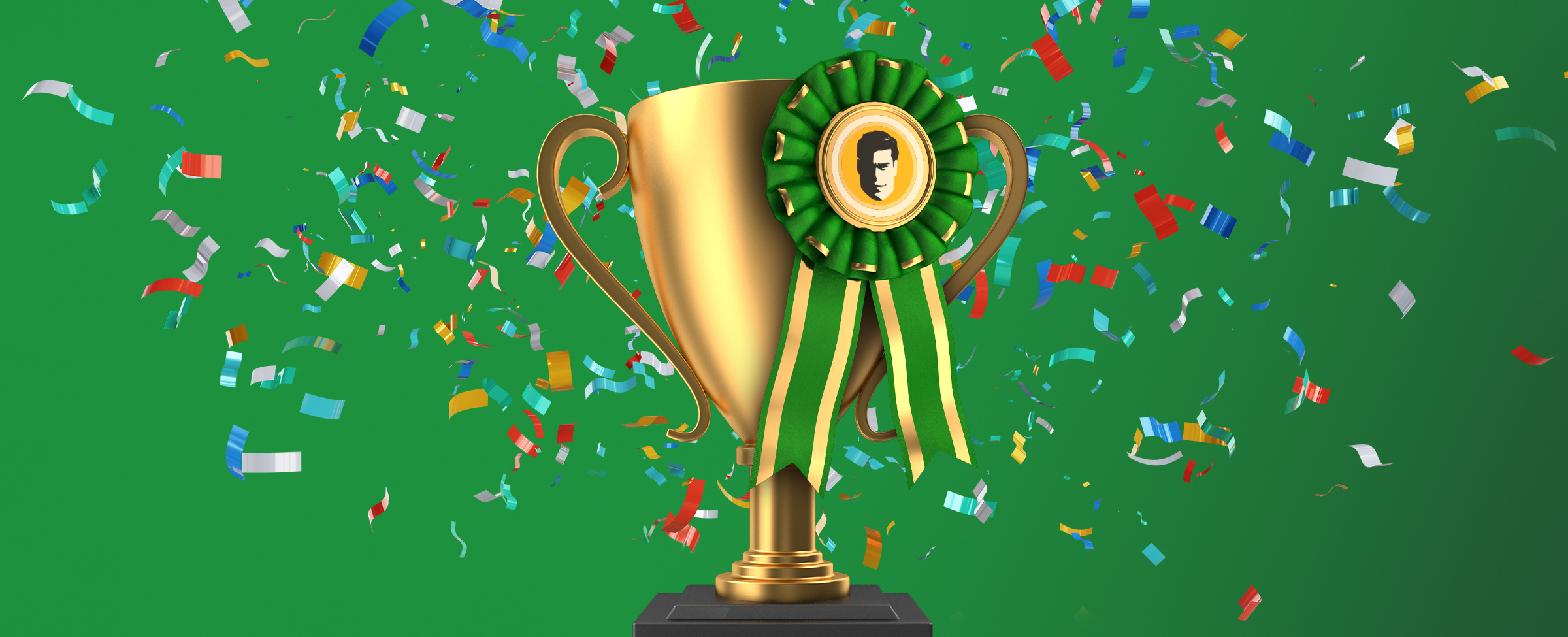 A gold trophy, with ribbon attached is centred. Confetti surrounds the image. On a green background.