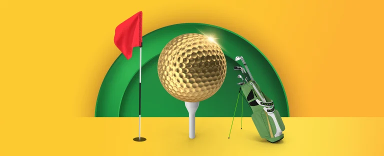 A golden golf ball on a tee, a golf flag and golf bag feature. On a yellow background.