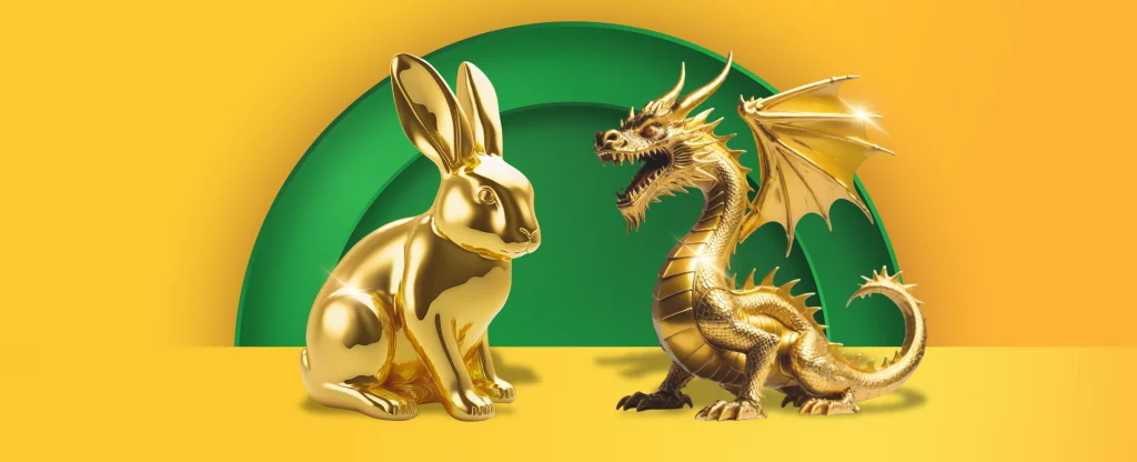 A golden rabbit and dragon feature on a yellow background. 