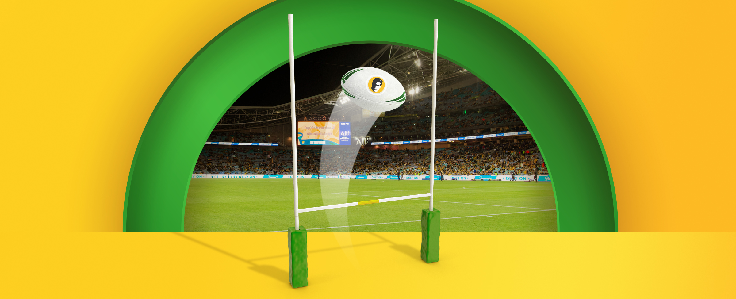 A rugby ball flies over a goal post. An NFL stadium full with a crowd also features. On a yellow background.