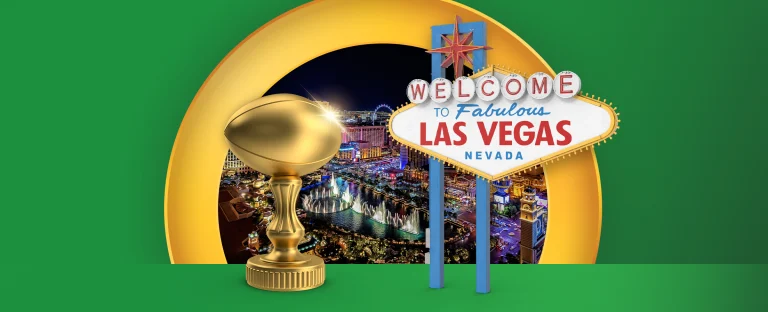 A golden rugby ball trophy, a picture of the Las Vegas strip and the famous ‘Welcome to Las Vegas' sign features on a green background.