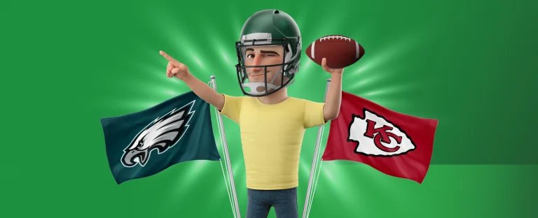 An animated male character is wearing a helmet and holding an American Football. The flags of Philadelphia Eagles and Kansas City Chiefs also feature. On a green background.