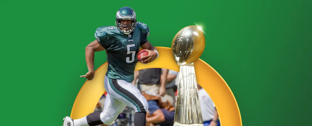 A football player in a Philadelphia Eagles uniform, running with the ball. Next to him is a golden Super Bowl trophy on a vibrant green background and a yellow semi circle framing the trophy.