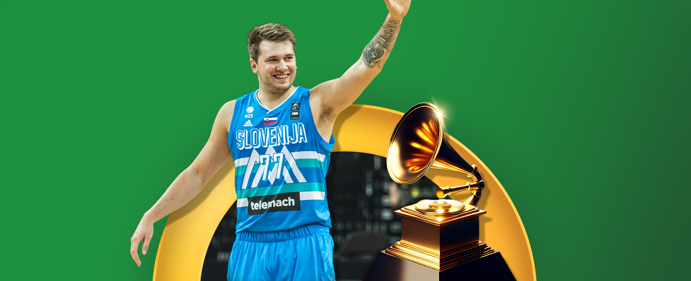 Slovenian basketball player Luka Dončić wearing a blue team jersey, waving his hand and with a golden Grammy trophy. The background is green with a yellow semi circle framing the trophy.