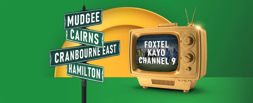 A signpost showing Australian location features alongside a golden TV displaying ‘Foxtel, Kayo and Channel 9’. On a green background.