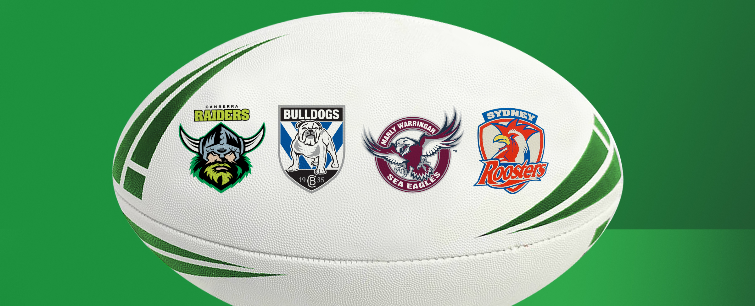 A white rugby ball with the logos of four NRL teams is centred on a green background.