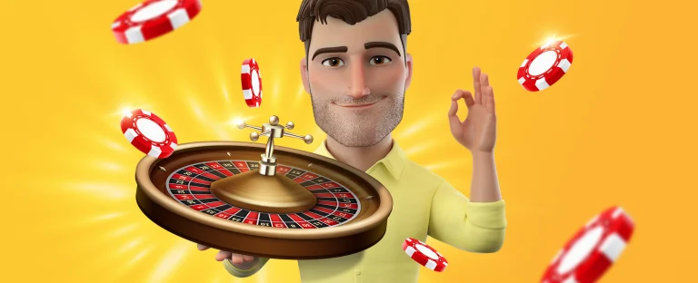 A male animated character Joe Fortune holds a roulette wheel. Casino chips fall from the top of the image. On a yellow background.